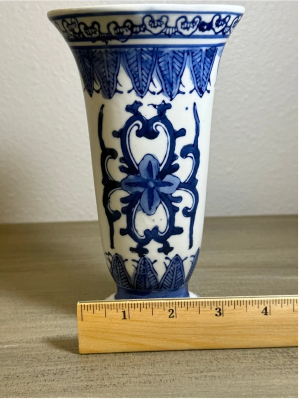 Vintage Japanese Porcelain Vase Decorated in Blue White Floral Trumpet Shape